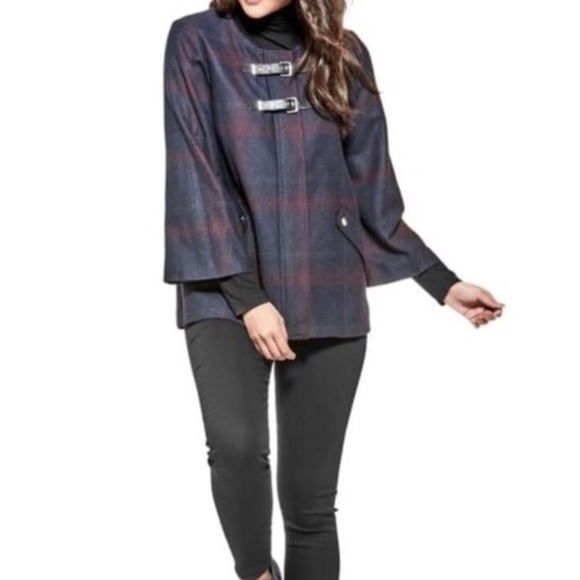 NWT Guess Evanna navy & maroon plaid cape style jacket XS